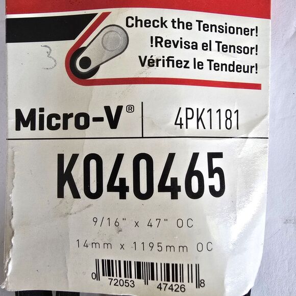 Gates Micro-V Serpentine Belt 4 Rib 47 Inch - K040465 For Cars & Trucks - Picture 2 of 5